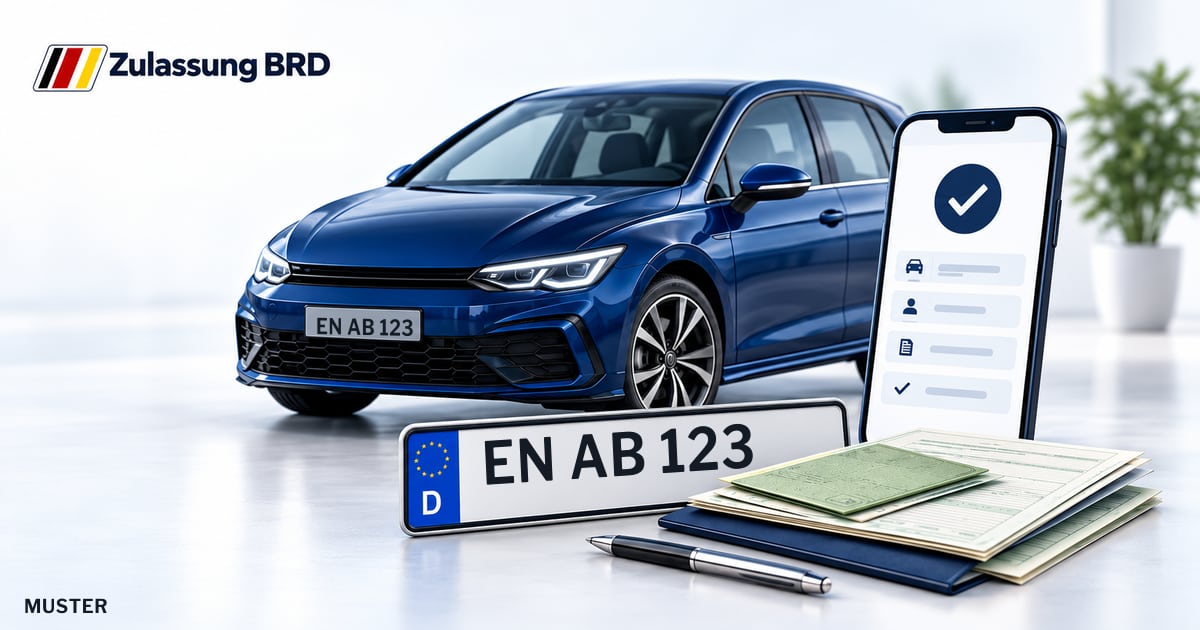 Online Fahrzeugzulassung in Herdecke: Musterkennzeichen EN AB 123, Auto und Fahrzeugpapiere und Smartphone. Illustration mit Logo von Zulassung BRD.